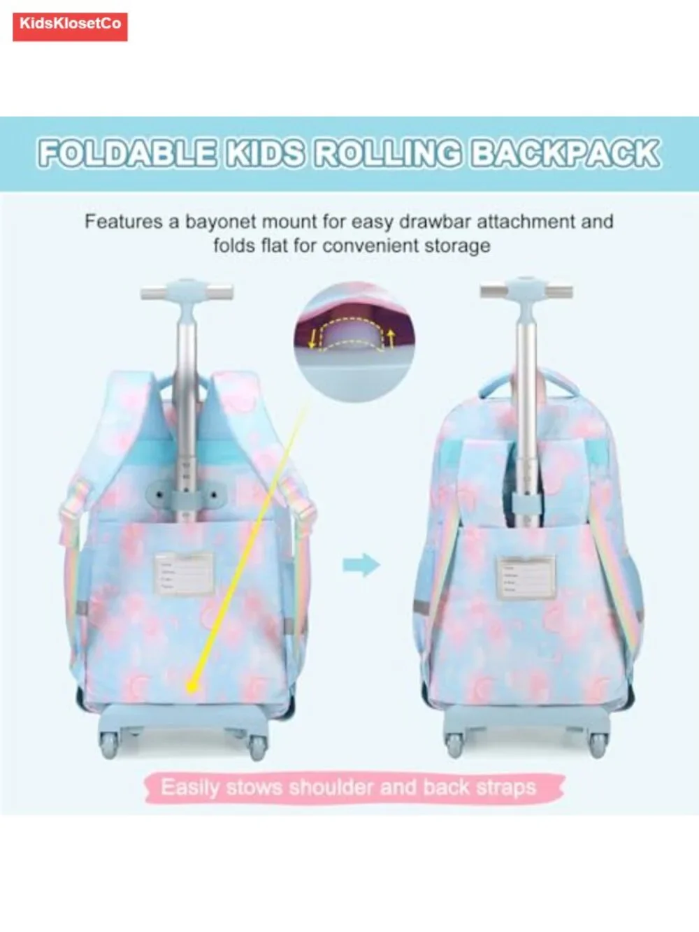 3PCS Rolling Backpack with Lunch Bag and Pencil Case, Water Resistant